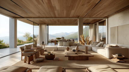 Obraz premium Open-plan living spaces with natural materials, earthy tones, and large windows that bring in abundant natural light and stunning views. South African Contemporary 