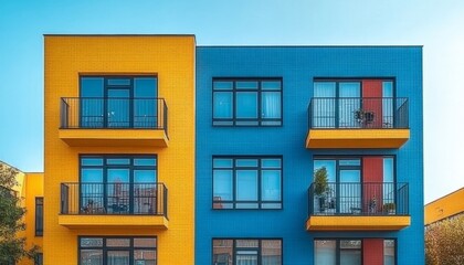 Obraz premium Modern apartment building with yellow and blue brick exterior and balconies