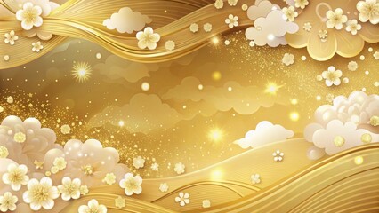 Elegant Japanese-style background with flowing gold clouds, gold leaf, gold powder