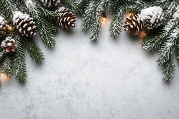 Merry Christmas and Happy Holidays greeting card, frame, banner. New Year. Noel. Snow christmas tree light background. Winter xmas holiday theme. Flat lay