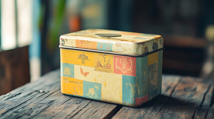 Obraz premium Vintage tin box with a colorful patchwork design, sitting on a rustic wooden table.