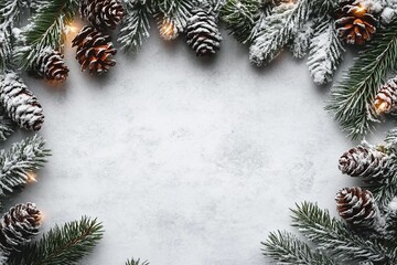 Merry Christmas and Happy Holidays greeting card, frame, banner. New Year. Noel. Snow christmas tree light background. Winter xmas holiday theme. Flat lay