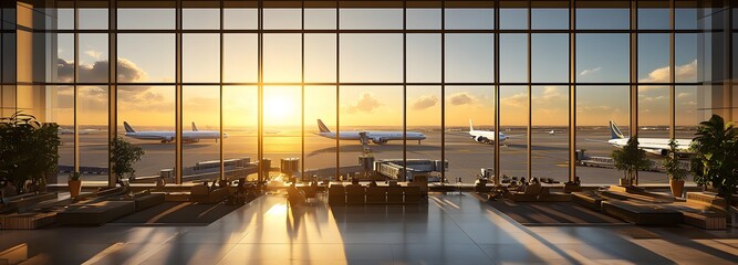 29. **A bustling airport terminal with modern amenities, large windows, and a view of the runway. The background includes departing and arriving flights.