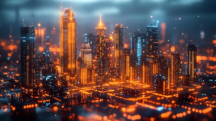 Fototapeta premium Futuristic Sci-Fi City Skyline with Orange Glowing Lights Generative AI