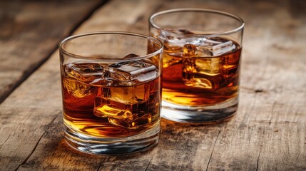 Glass of Scotch whiskey with ice cubes in a classic tumbler.