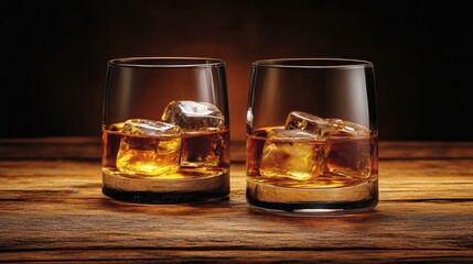Glass of Scotch whiskey with ice cubes in a classic tumbler.