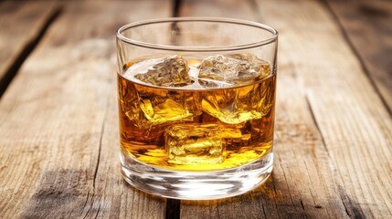 Glass of Scotch whiskey with ice cubes in a classic tumbler.