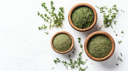 3. Detailed top view of fresh thyme sprigs and ground thyme powder in rustic wooden bowls, creating a natural and organic feel on a white background