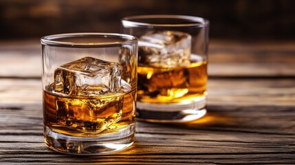 Glass of Scotch whiskey with ice cubes in a classic tumbler.