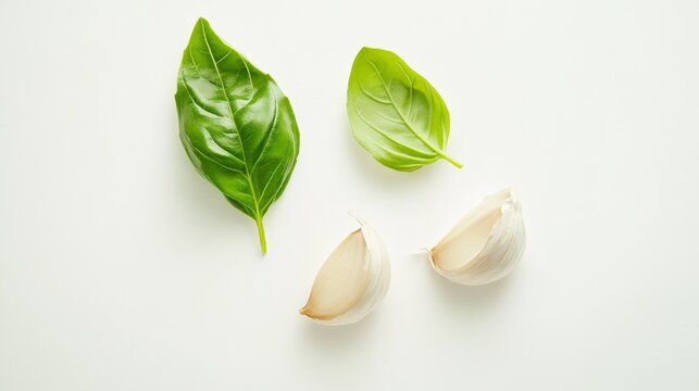 9. Flat lay composition of a garlic clove and a fresh basil leaf, isolated against a bright white background, emphasizing their simplicity and freshness