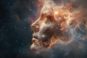 Cosmic Mindscape, a vivid exploration of human consciousness intertwined with the vastness of space, symbolizing the fusion of intellect and universal energy.