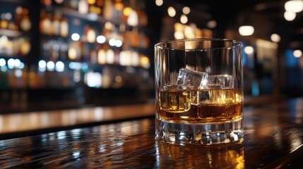 Glass of Scotch whiskey with ice cubes in a classic tumbler.