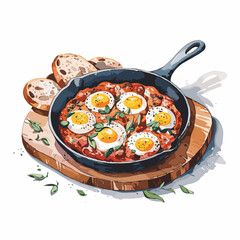 Watercolor Illustration of Shakshuka in a Cast Iron Skillet