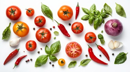18. Detailed flat lay of a colorful assortment of tomatoes, basil, chili peppers, onions, and garlic, creatively composed on a white background, ideal for a vegan diet concept