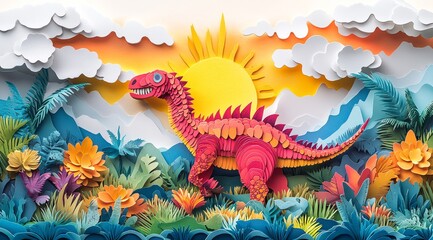 Vibrant Dinosaur in Tropical Sunset Paper Art Sculpture Scene