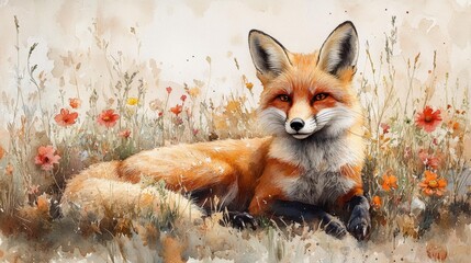 Obraz premium Red Fox Resting in Wildflower Meadow Generative AI
