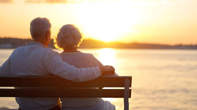 An elderly couple sitting closely together on a wooden bench, watching the warm sunset in the distance. The wife gently rests her head on her husband's shoulder