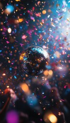 Vibrant disco ball sparkling with colorful confetti and lights, capturing the energy of a festive celebration and lively party atmosphere.