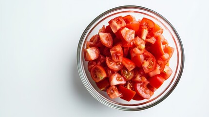 40. Close-up high-angle shot of a bowl filled with diced tomatoes, isolated on a bright white background, showcasing their vibrant red and fresh appeal
