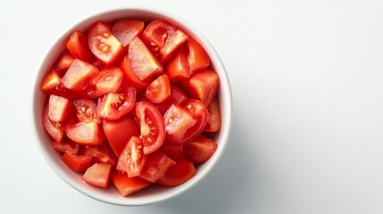 40. Close-up high-angle shot of a bowl filled with diced tomatoes, isolated on a bright white background, showcasing their vibrant red and fresh appeal