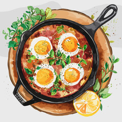 Watercolor Illustration of Shakshuka in a Cast Iron Skillet