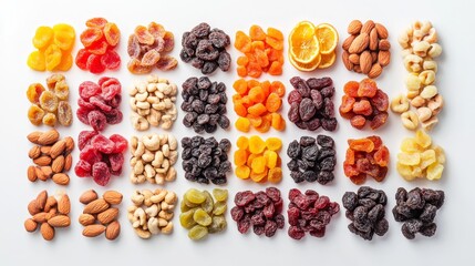 47. High-angle shot of assorted dried fruits and nuts, highlighting the diversity of textures and colors, with a focus on healthy snacking, set against a clean white background