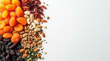 Fototapeta premium 49. Close-up view of an assortment of dried fruits and nuts, including vibrant dried apricots and various nuts, arranged on a white background with copy space