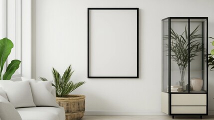 Minimalist Living Room with a Black Frame and a Glass Cabinet