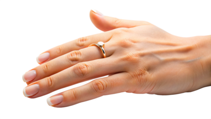 Close-up of manicured hand, one with a ring, holding each other tenderly, symbolizing love and engagement