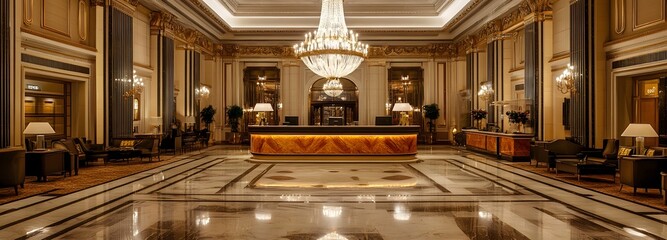 Obraz premium 27. **An opulent hotel lobby with grand chandeliers, marble floors, and elegant furnishings. The backdrop includes a reception desk and luxurious decor.