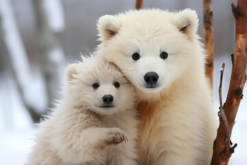 A heartwarming scene of a polar bear and its cub in a snowy environment.