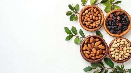 Obraz premium 62. High-angle view of a mix of dried fruits and nuts on wooden plates, with a branch of young green leaves, isolated on a white background, symbolizing the Jewish holiday Tu Bishvat