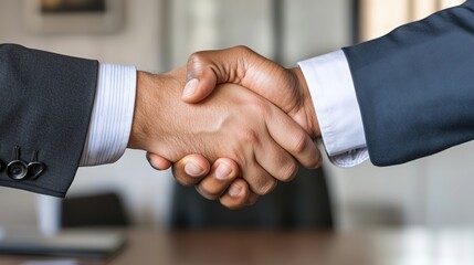 Two professionals shaking hands in a business setting, symbolizing agreement, partnership, and mutual respect.