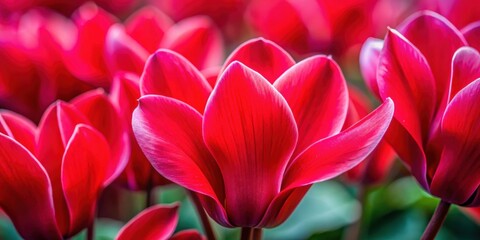 Fototapeta premium Vibrant red petals of a Caucasian cyclamen flower in ultra macro , blooming, delicate, close-up, nature, floral, vibrant, beauty