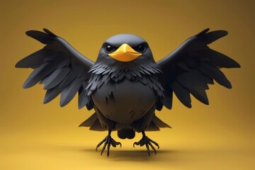 Fototapeta premium Cartoon Black Bird With Yellow Beak Spread Wings