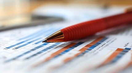 A close-up of a red pen resting on financial charts and graphs.