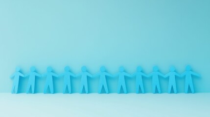 Obraz premium Blue paper cutout figures standing together, representing unity, teamwork, and cooperation, against a light blue background that symbolizes calmness and optimism