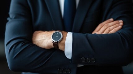 Elegant businessman showcasing a stylish watch, exuding confidence with crossed arms and a formal suit.