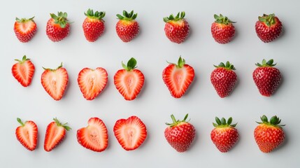 105. Artistic display of strawberries from multiple angles, including front, side, top, sliced, and halved views, on a white background, ideal for creating mockup templates for artwork