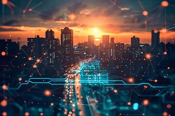Sunset over a city skyline with digital connectivity elements.