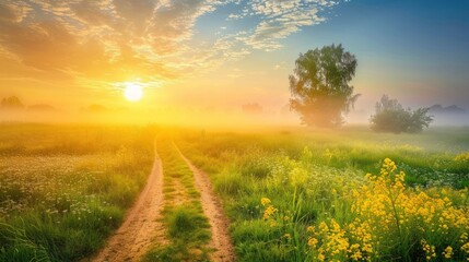 Sunrise Over a Misty Meadow