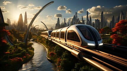 Naklejka premium A futuristic train traveling through a vibrant landscape at sunset.