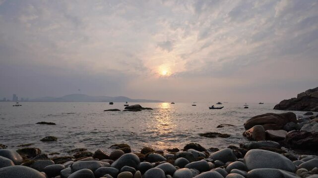 Beautiful sunrise on egg stone beach near Quy Nhon city, Vietnam