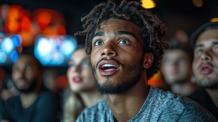 A Man with Dreadlocks Looks Up in Shock While Watching a Game