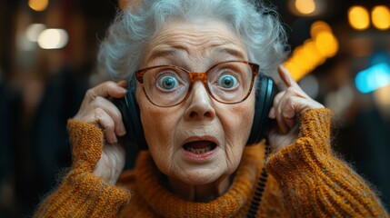 Elderly Woman in Orange Sweater Gazes in Shock with Headphones On