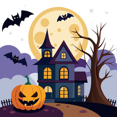 Halloween background with pumpkin and bats house transparent background