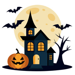 Halloween background with pumpkin and bats house transparent background