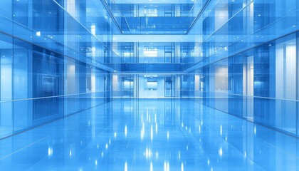 Blue Glass Corridor in a Modern Office Building