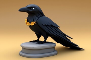 Black Raven with Yellow Flower Garland on a Stone Pedestal