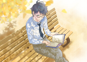 木漏れ日の下でベンチに座って読書をする男子学生_銀杏と文字なし